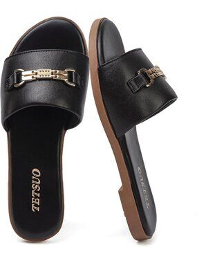 Women's Sandals Dressy Slide Sandals Black Open Toe Slip On Flat Summer Sandals